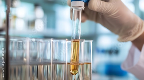 Laboratory technician carefully handling a test tube filled with a yellow liquid and science equipment : Generative AI photo