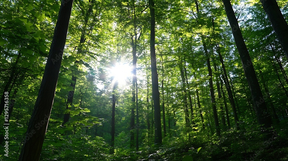 Obraz premium Sunlight Filtering Through Lush Green Forest Canopy Illuminating Nature's Beauty : Generative AI