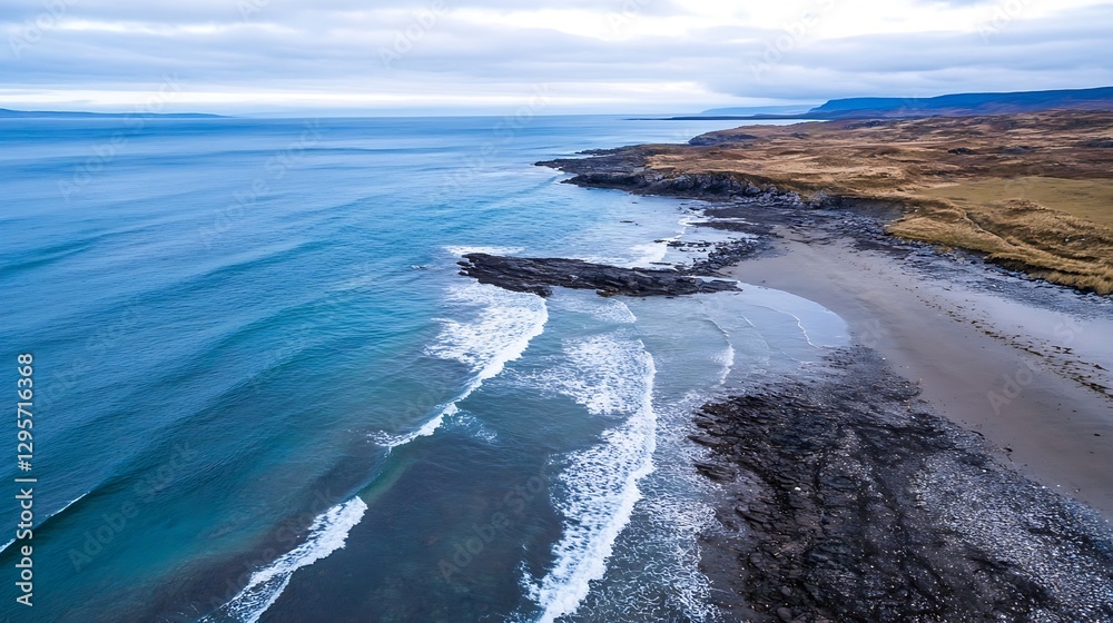 Aerial View of Rocky Beach with Waves and Dramatic Cloudy Sky on a Coastal Landscape : Generative AI Aerial View of Rocky Beach with Waves and Dramatic Cloudy Sky on a Coastal Landscape : Generative AI