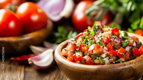 Authentic Salsa with Fresh Tomatoes and Herbs Served in a Wooden Bowl : Generative AI