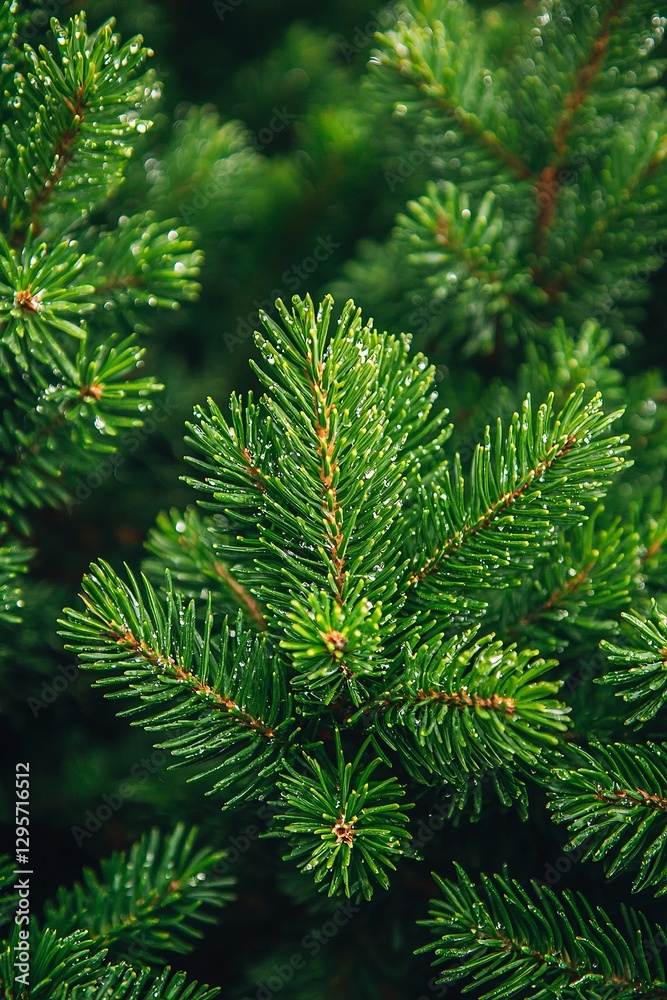 A close up of a pine tree with water droplets on it