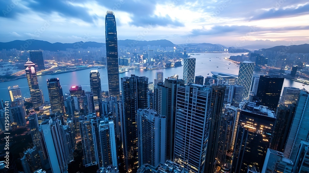 Obraz premium Panoramic View of a Bustling City Skyline with Skyscrapers and Calm Water at Dusk : Generative AI