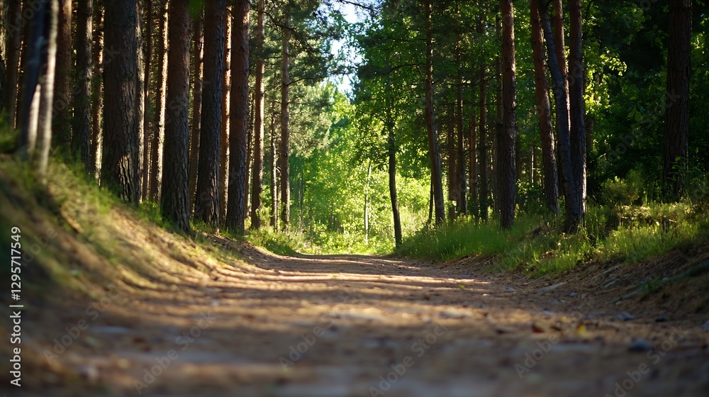 Fototapeta premium Serene Forest Pathway Surrounded by Lush Greenery and Tall Pine Trees Perfect for Nature Retreats : Generative AI