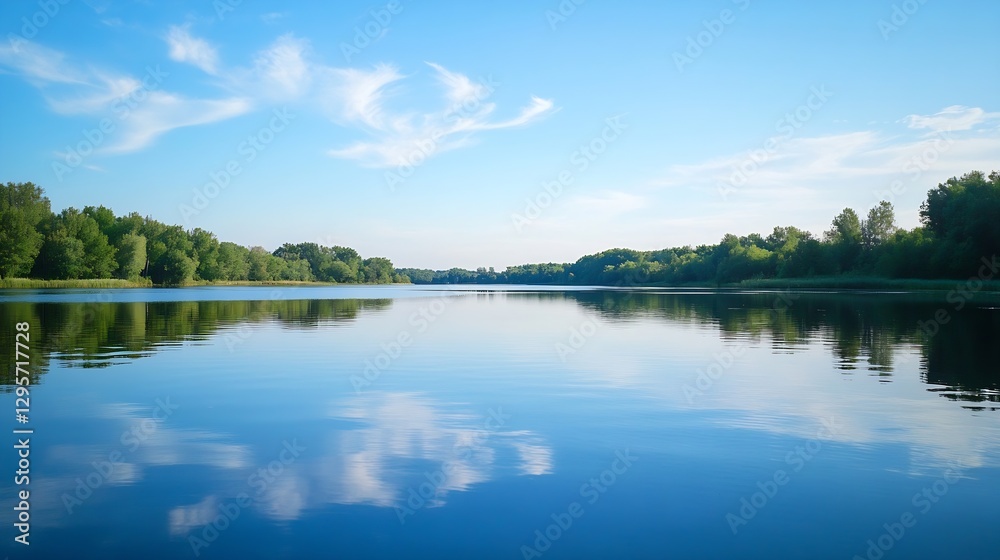Calm river reflecting clear blue sky with fluffy clouds and lush green trees : Generative AI Calm river reflecting clear blue sky with fluffy clouds and lush green trees : Generative AI