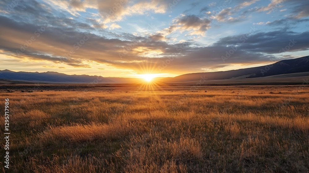 Breathtaking Sunset Over a Golden Meadow with Silhouetted Mountains in the Background : Generative AI Breathtaking Sunset Over a Golden Meadow with Silhouetted Mountains in the Background : Generative AI