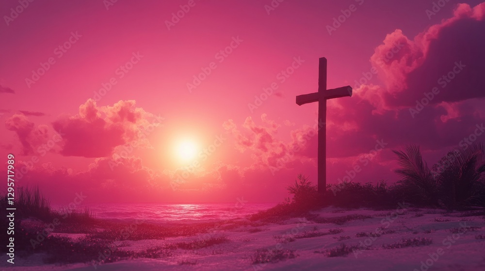 Obraz premium Silhouette of Christian cross against bright pink sky