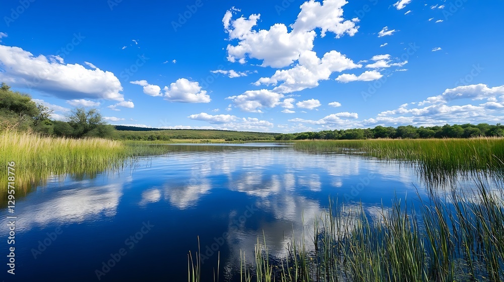 Fototapeta premium Vibrant landscape of a serene lake reflecting clouds and greenery under a bright sky : Generative AI
