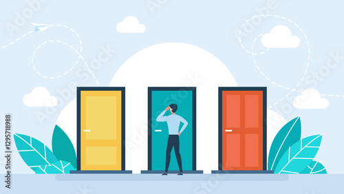 Businessman standing in front of three closed doors. Three doors as options to choose from. Choice way concept. Decision business metaphor. Human before choosing. Decide direction. Vector illustration