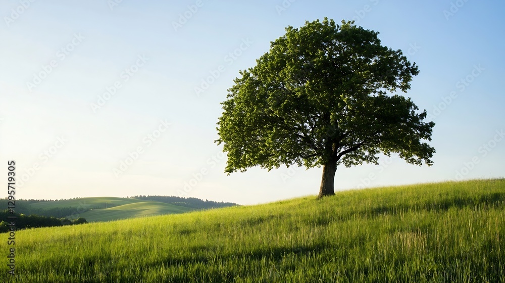 Obraz premium Lonely Green Tree on Rolling Hills Under Blue Sky in Fresh Landscape : Generative AI