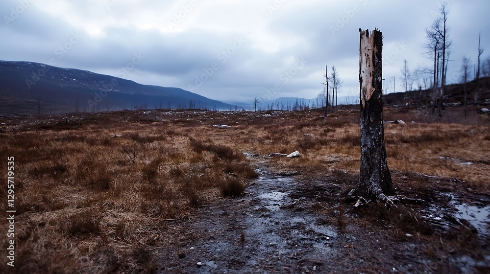 Desolate Landscape Featuring Lone Tree Stump in a Scorched Earth Environment : Generative AI Desolate Landscape Featuring Lone Tree Stump in a Scorched Earth Environment : Generative AI