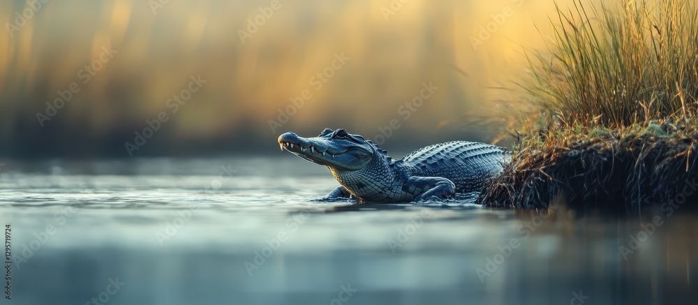 Serene Alligator Resting on Riverbank at Sunset with Lush Greenery and Golden Light in the Background, Capturing Nature's Tranquility and Wildlife Beauty Serene Alligator Resting on Riverbank at Sunset with Lush Greenery and Golden Light in the Background, Capturing Nature's Tranquility and Wildlife Beauty