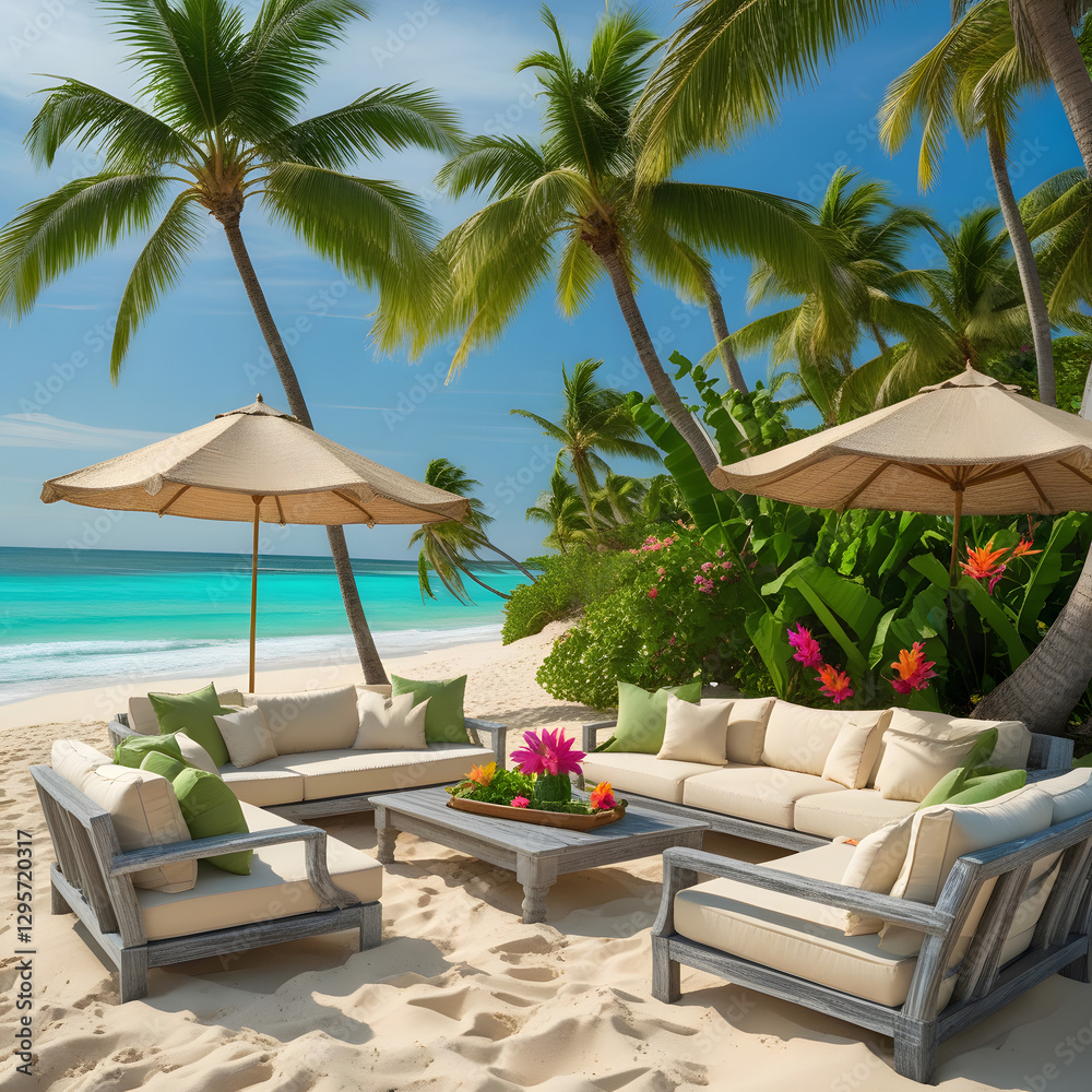 Fototapeta premium lounge chairs and umbrellas on the beach