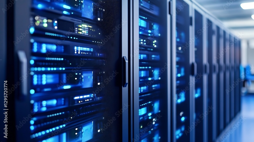 Futuristic Server Racks with Blue Illuminated Lights in a Modern Data Center : Generative AI Futuristic Server Racks with Blue Illuminated Lights in a Modern Data Center : Generative AI