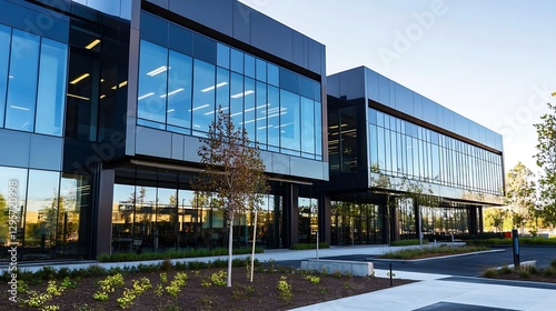 Sleek and modern office building with large glass windows and vibrant landscape in the foreground : Generative AI photo
