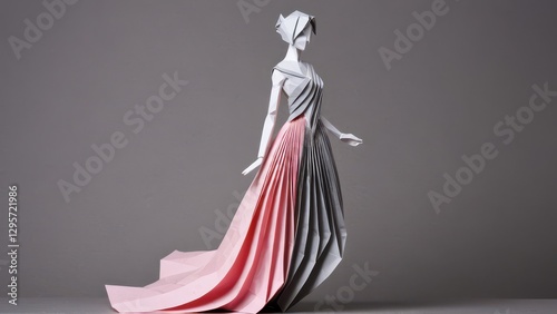  an elegant origami figure adorned in a gracefully flowing gown