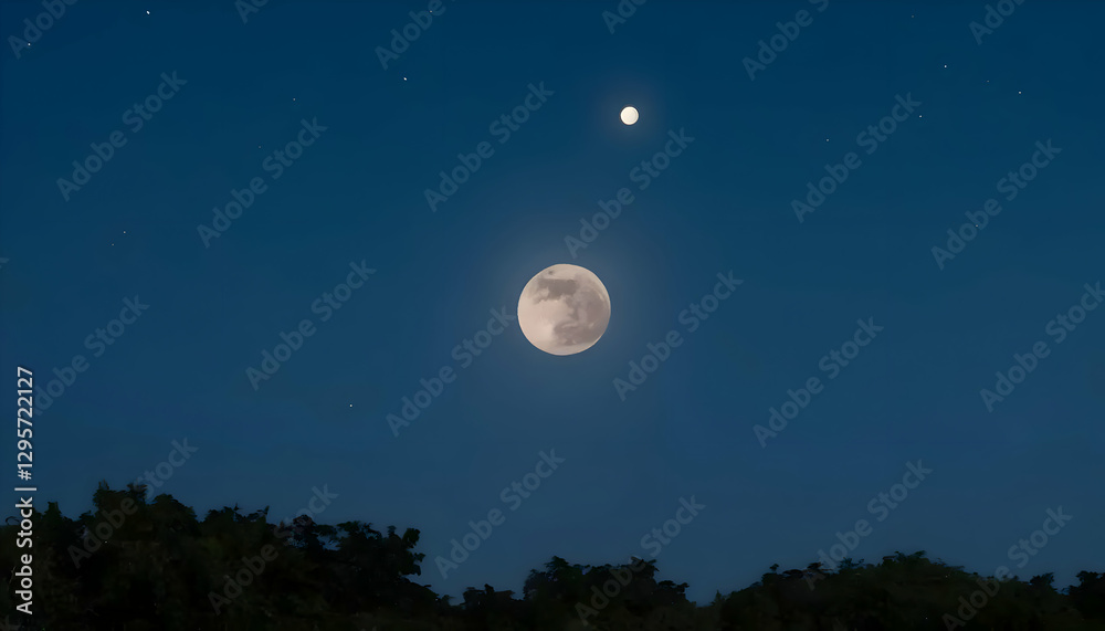 The full moon shines brightly above trees and stars at night The full moon shines brightly above trees and stars at night