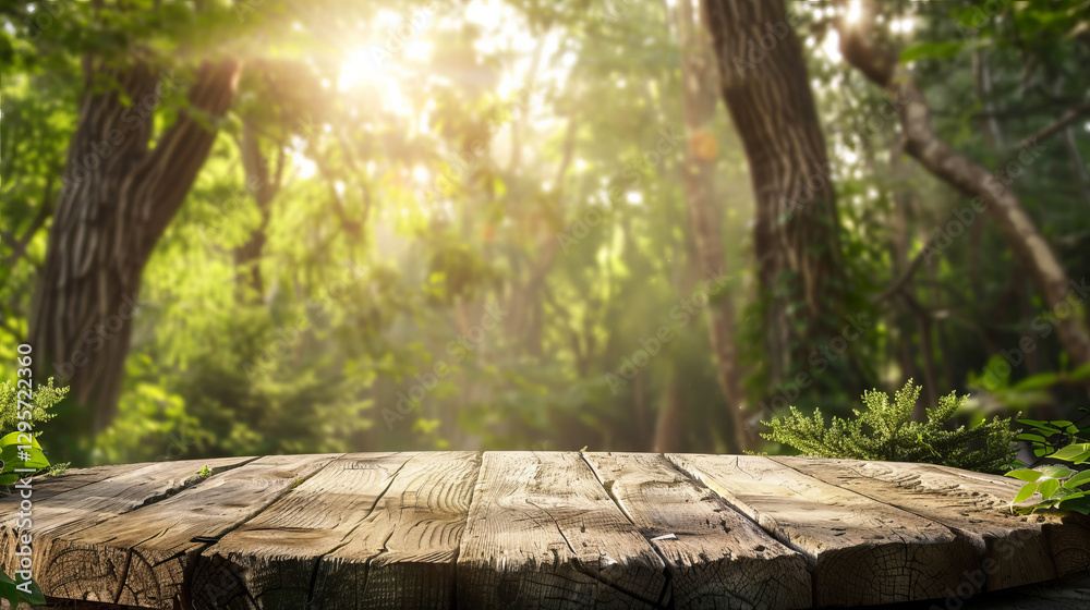 Podium background 3d soft sunlight streams through lush green trees, illuminating a wooden podium. The tranquil forest creates a peaceful atmosphere, highlighting nature's beauty Podium background 3d soft sunlight streams through lush green trees, illuminating a wooden podium. The tranquil forest creates a peaceful atmosphere, highlighting nature's beauty