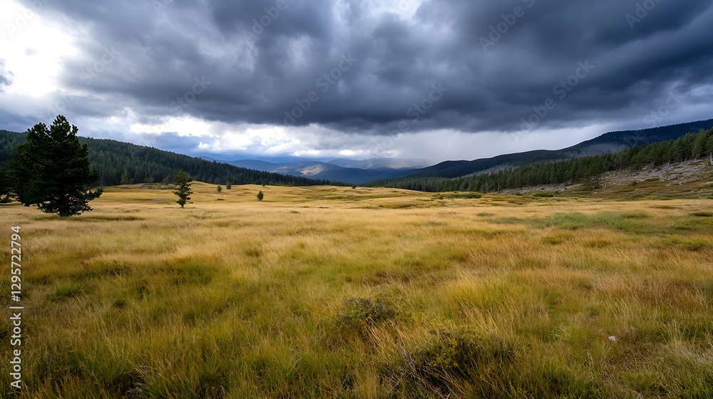 Expansive Golden Meadow under Dramatic Clouds in Nature Landscape : Generative AI Expansive Golden Meadow under Dramatic Clouds in Nature Landscape : Generative AI