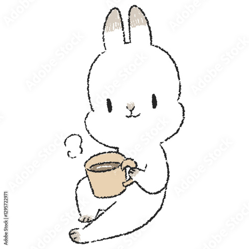 コーヒーを飲むうさぎのキャラクターの手書きイラスト