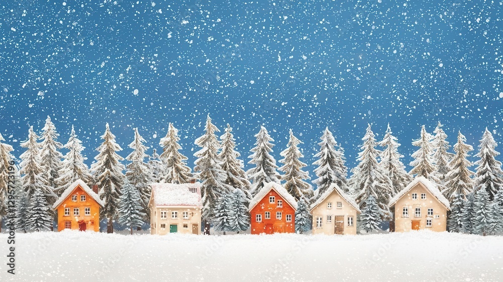 Fototapeta premium Winter Village Scene Snow Falling on Cozy Houses and Snowy Trees