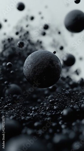 Floating spheres in motion, abstract black white concept