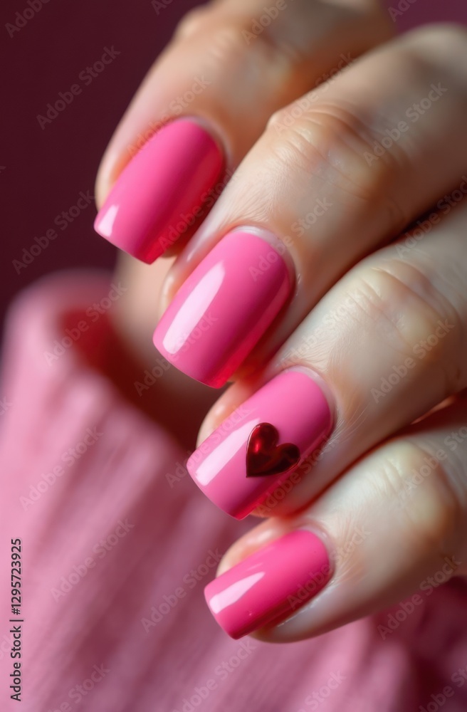 Woman showing pink manicure with red heart for valentine's day Woman showing pink manicure with red heart for valentine's day