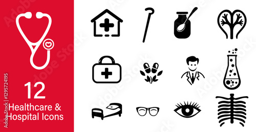 Set of 12 healthcare and hospital icons in black and white