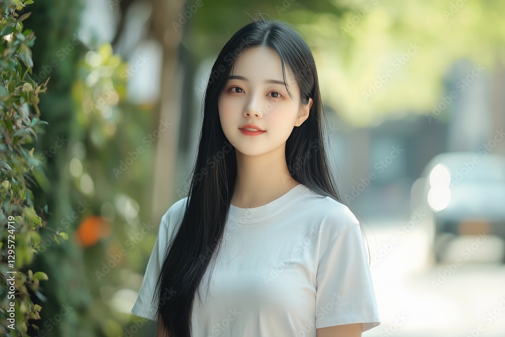 Beautiful Young Asian Girl with Long Black Hair, Wearing a White T-Shirt and Smiling, Standing on Street. Delicate Features and Bright Eyes Exude Confidence Beautiful Young Asian Girl with Long Black Hair, Wearing a White T-Shirt and Smiling, Standing on Street. Delicate Features and Bright Eyes Exude Confidence