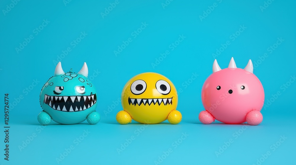 Fototapeta premium Three colorful round monster toys are displayed on a blue background