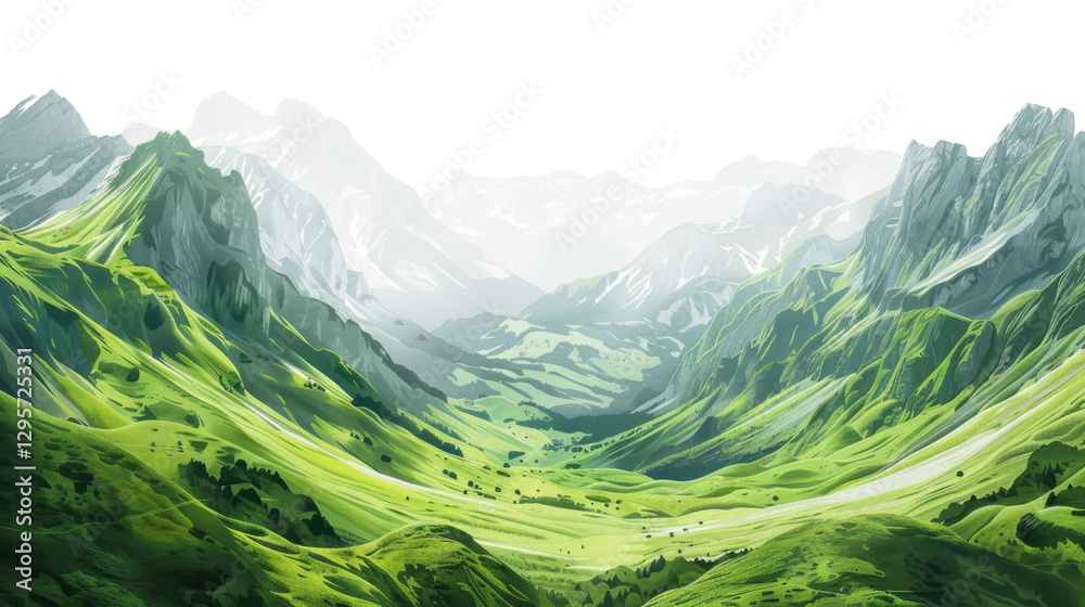 Fototapeta premium Green valley lies between snow-capped mountains with transparent background