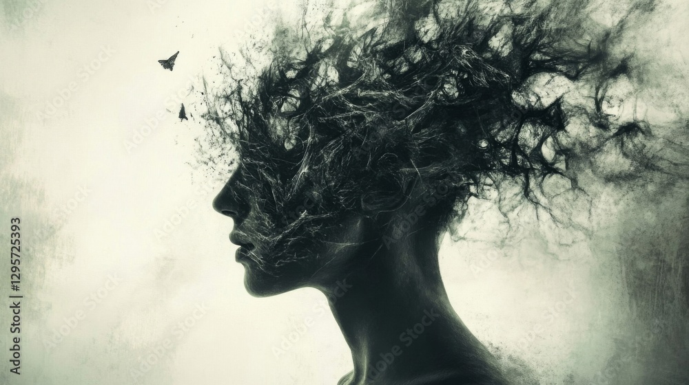 Abstract Profile of a Woman Transforming into Particles Abstract Profile of a Woman Transforming into Particles