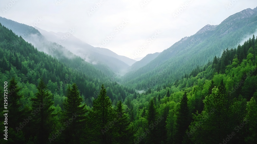 Fototapeta premium Breathtaking Valley Surrounded by Lush Green Trees Against a Misty Mountain Backdrop : Generative AI