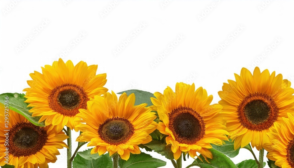 Fototapeta premium Bright yellow sunflower stems with green leaves 