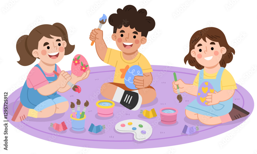 Illustration of Cheerful Children Painting Easter Eggs Together Illustration of Cheerful Children Painting Easter Eggs Together