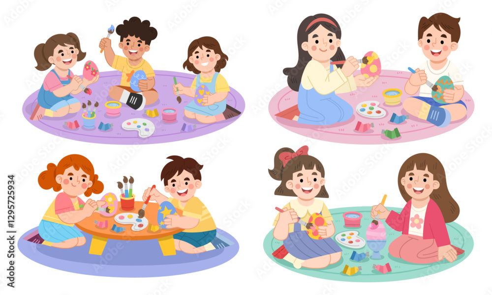 Illustration set of cheerful children painting Easter eggs Illustration set of cheerful children painting Easter eggs
