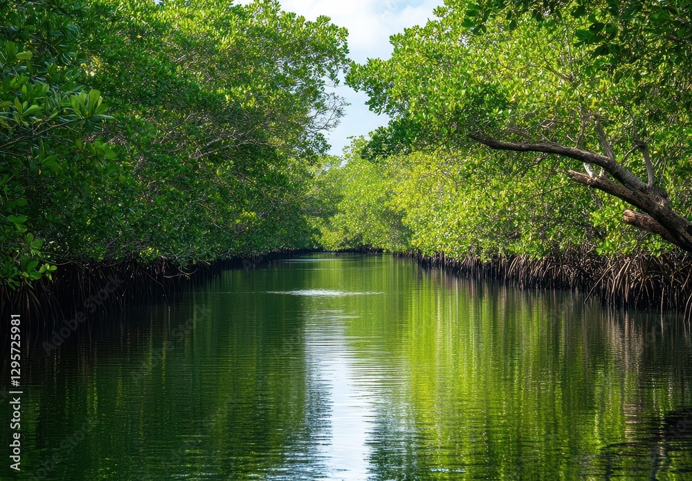 Serene Landscape of Lush Green Mangrove Forest Along Tranquil Waterway with Clear Reflections and Bright Blue Sky Serene Landscape of Lush Green Mangrove Forest Along Tranquil Waterway with Clear Reflections and Bright Blue Sky