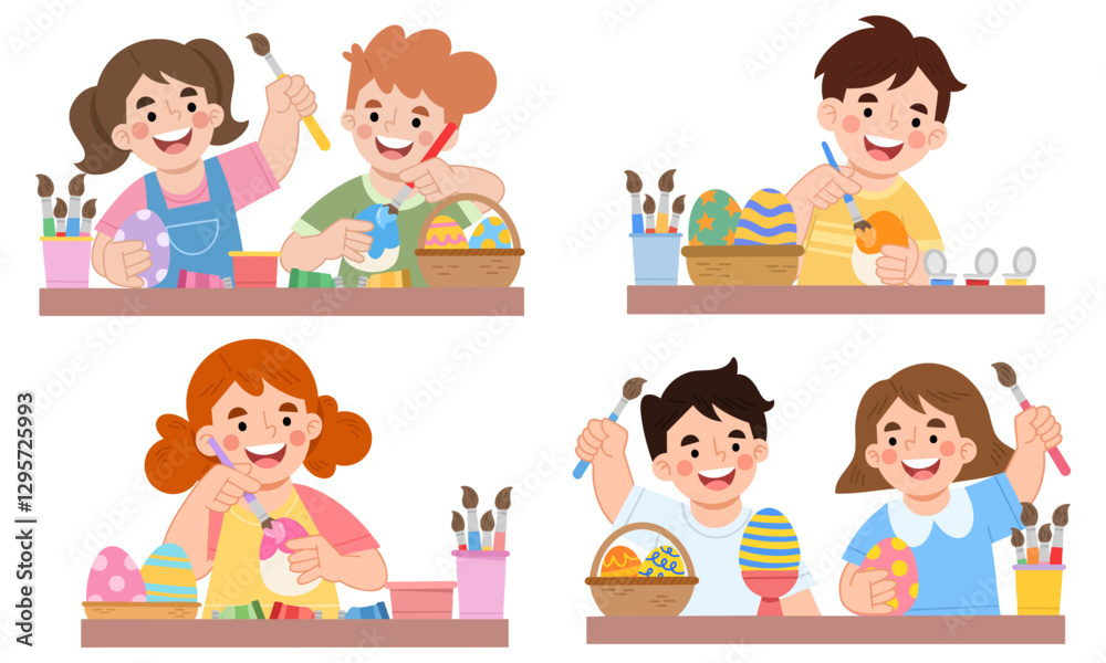 Illustration set of children painting easter eggs Illustration set of children painting easter eggs