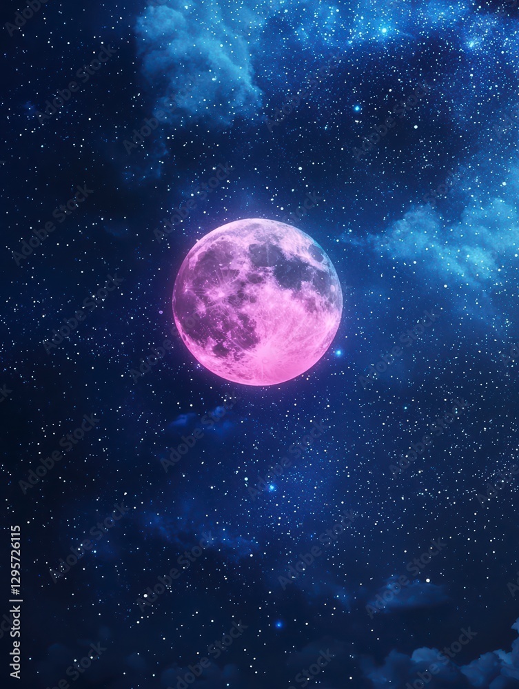Obraz premium Pink Moon in Night Sky: The enchanting allure of a pink moon set against the backdrop of a star-studded night sky, where celestial bodies and celestial art come together.
