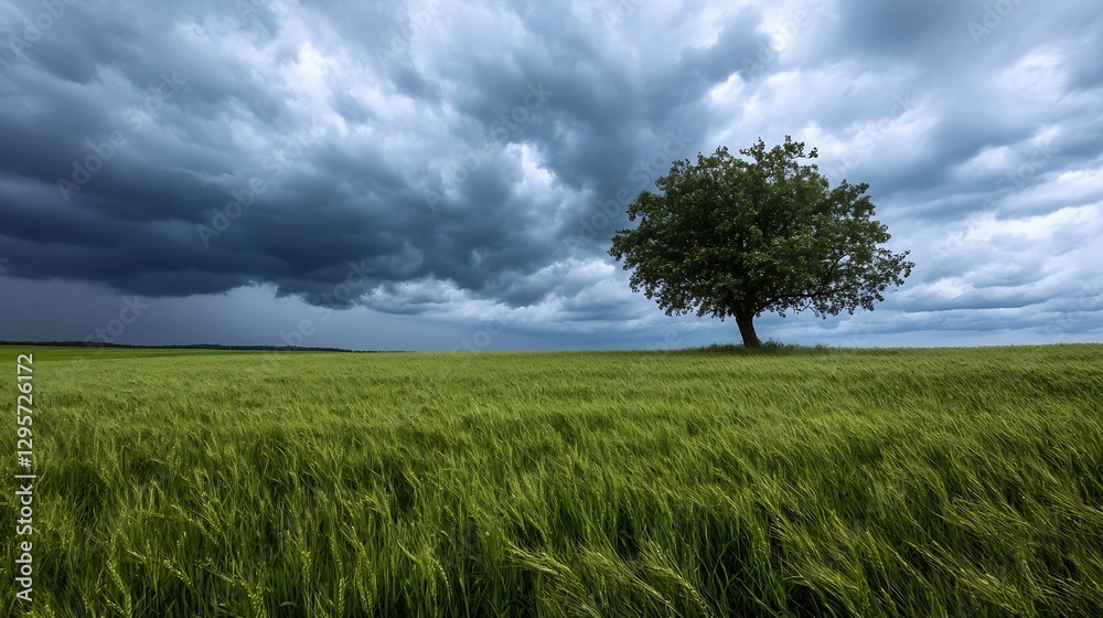 Dramatic Sky Over Lush Green Field with a Lonely Tree in the Center of Nature's Beauty : Generative AI Dramatic Sky Over Lush Green Field with a Lonely Tree in the Center of Nature's Beauty : Generative AI