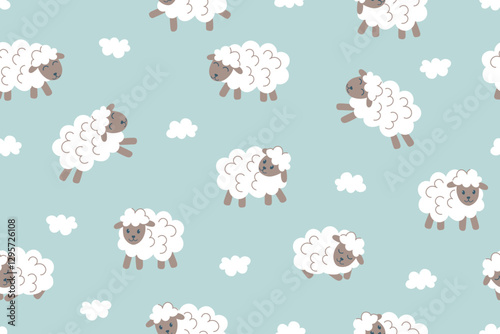 Seamless pattern of sheep on a blue background. Farm animals. Vector hand drawn childish illustration.