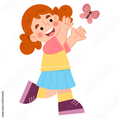 Illustration Of Playful Girl Chasing Butterfly