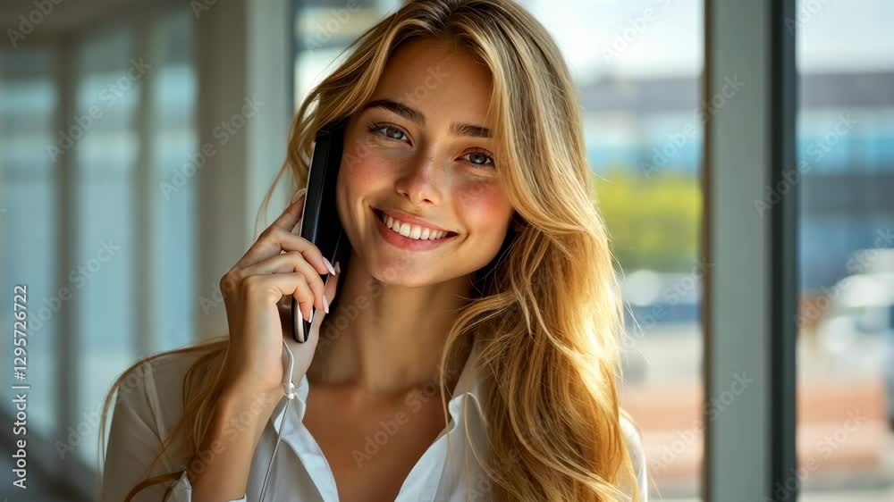 Smiling Blonde Woman on Phone Call, Modern Office Setting Smiling Blonde Woman on Phone Call, Modern Office Setting