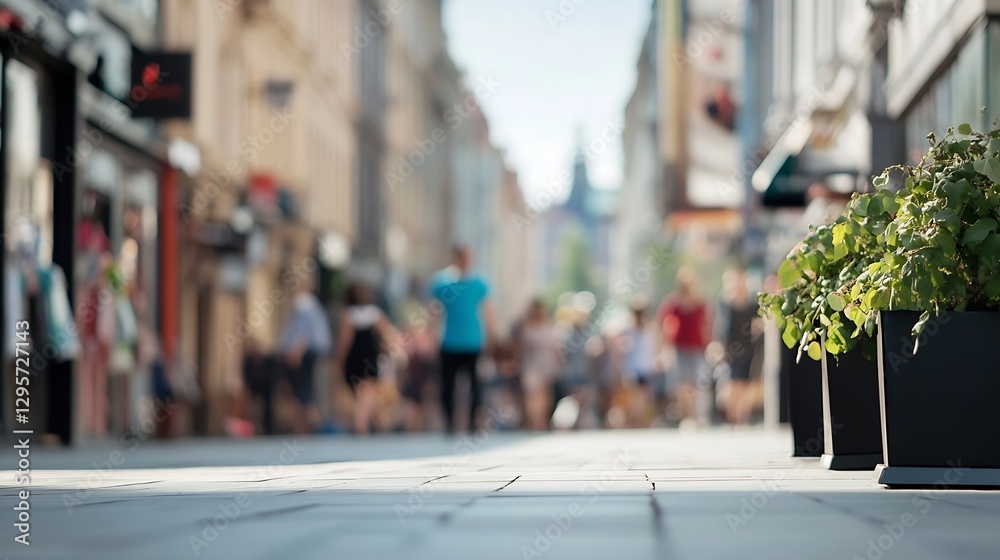 Obraz premium Bustling City Street Filled with People and Planters on a Bright Day : Generative AI