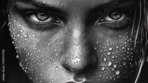 Obraz na płótnie Close Up Portrait of a Woman with Water Drops on Her Face w salonie
