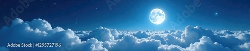 White clouds blanket the moonlit landscape under a starry night sky with an ethereal glow effect, clouds, lunar, white