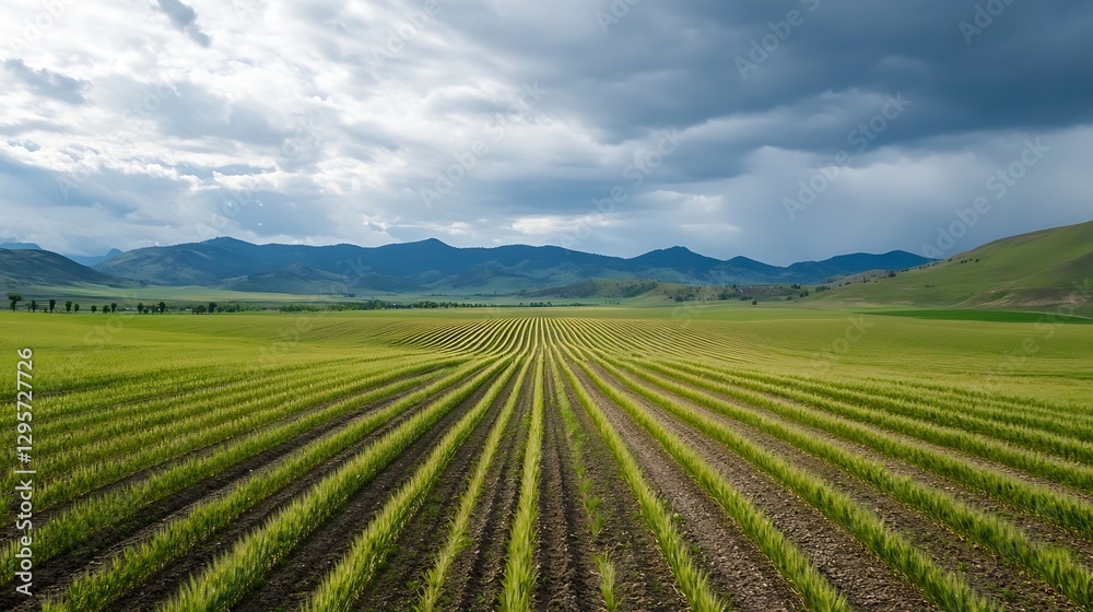 Lush Green Rice Field Landscape Under Cloudy Sky with Mountains in the Background : Generative AI Lush Green Rice Field Landscape Under Cloudy Sky with Mountains in the Background : Generative AI