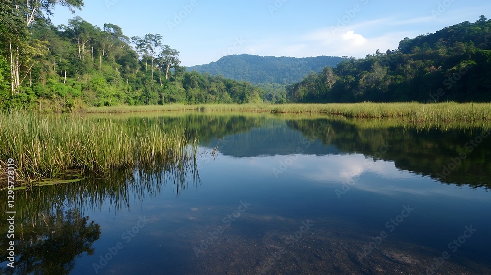Lush Green Lake Landscape with Reflection of Mountains and Clear Blue Sky : Generative AI Lush Green Lake Landscape with Reflection of Mountains and Clear Blue Sky : Generative AI