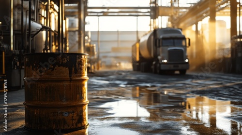 Industrial truck loading at dawn manufacturing plant photography urban environment ground level viewpoint logistics and transportation concept photo