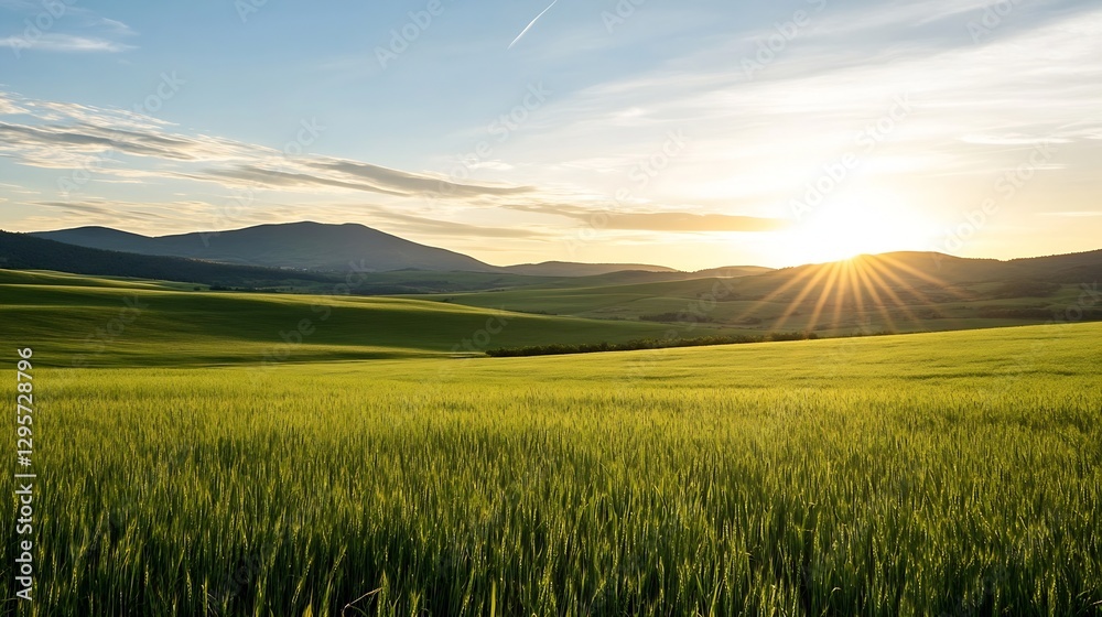 Obraz premium Breathtaking Sunrise Over Lush Green Hills and Fields Under Clear Sky : Generative AI