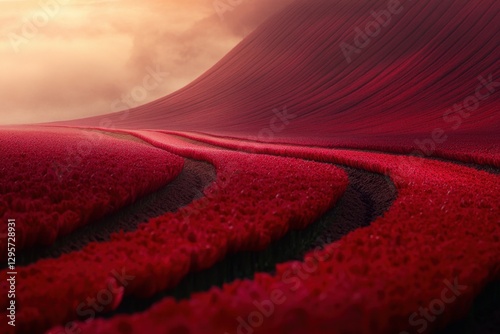 Red tulip field at sunset with dramatic sky